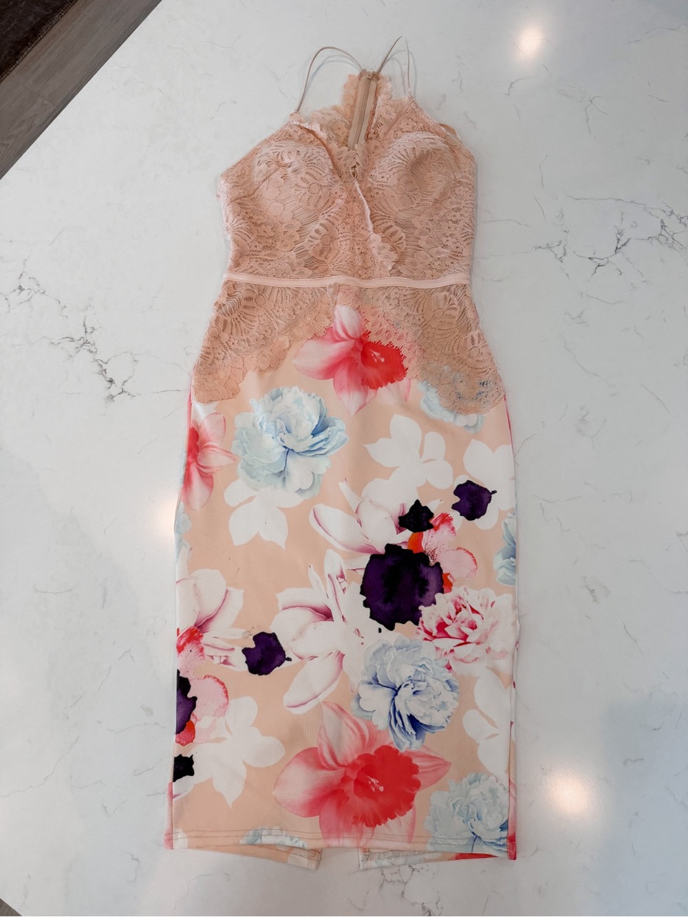 Angel Biba Blush Peach Lace & Floral Midi Dress